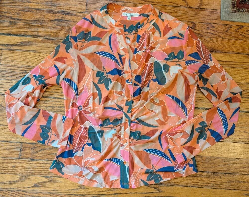 Long Sleeve Blouse Sheer Look Women's Large Pink Beige Orange